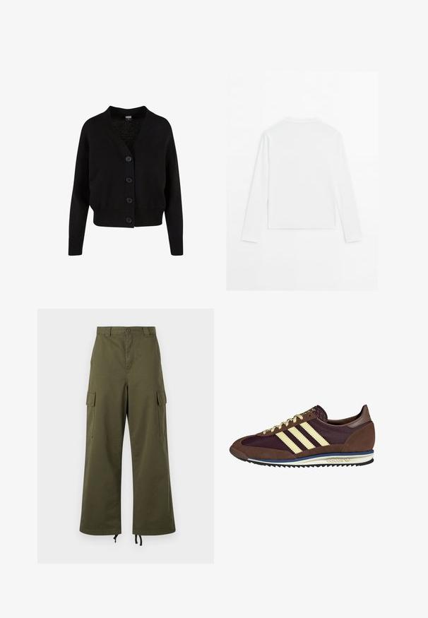 Schwarze Strickjacke mit V-Ausschnitt, fünf vorderen Knöpfen, geripptem Saum und Bündchen sowie verkürztem Design. Weicher Stoff mit lässigem Stil.; Schlichtes weißes Langarmshirt mit Rundhalsausschnitt, von hinten gezeigt, flach auf einem weißen Hintergrund ausgelegt.; Olivgrüne Cargo-Hosen aus Baumwolle mit hoher Taille, weit geschnittenen Beinen, seitlichen Cargo-Taschen und verstellbaren Kordelzügen am Saum.; Braune und burgunderfarbene Sneaker aus Wildleder und Mesh-Materialien, mit drei cremefarbenen Streifen, strukturiertem Stoff an der Zunge und einer Gummisohle.
