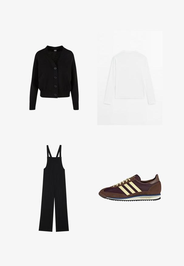Black knit cardigan with a v-neck, five front buttons, ribbed hem and cuffs, and cropped design. Soft texture with a casual style.; Plain white long-sleeve shirt, crew neck, shown from the back, laid flat on a white background.; Black overalls made of soft fabric, featuring wide legs, two front pockets, and adjustable shoulder straps with button hardware.; Brown and burgundy sneaker with suede and mesh materials, featuring three cream stripes, textured fabric on the tongue, and a rubber sole.