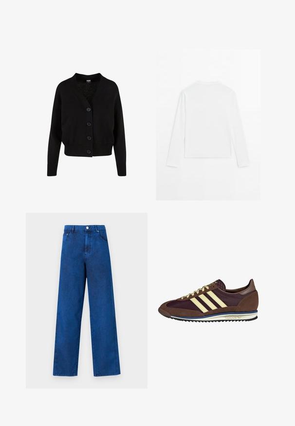 Czarny dzianinowy kardigan z dekoltem w serek, pięcioma guzikami z przodu, ściągaczem u dołu i przy mankietach oraz skróconym fasonem. Miękka faktura w swobodnym stylu.; Gładka, biała, długosleeve koszula, okrągły dekolt, pokazana od tyłu, leżąca na białym tle.; Niebieskie dżinsowe spodnie szerokie nogawki z wysokim stanem, z detalami szycia, kieszeniami z przodu i zapięciem na metalowy guzik.; Brązowe i burgundowe sneakersy wykonane z zamszu i siateczkowych materiałów, z trzema kremowymi paskami, teksturowanym materiałem na języku i gumową podeszwą.