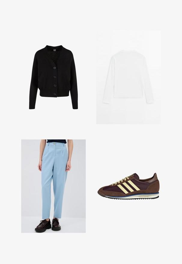 Černý pletený kardigan s výstřihem do V, pěti předními knoflíky, žebrovaným lemem a manžetami a zkráceným střihem. Měkká textura s ležérním stylem.; Hladká bílá dlouhá košile s dlouhým rukávem, kulatým výstřihem, zobrazená zezadu, ležící na bílém pozadí.; Světle modré, upravené kalhoty s sklady, s knoflíkovým zapínáním a kapsami. V kombinaci s tmavými, šněrovacími botami a tmavým topem.; Hnědé a burgundské tenisky z semiše a síťoviny, s třemi krémovými pruhy, texturovaným materiálem na jazyku a gumovou podrážkou.