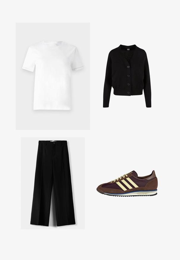 Čierny pletený cardigan s výstrihom do V, piatimi prednými gombíkmi, rebrovaným lemom a manžetami, a skráteným dizajnom. Mäkka textúra s neformálnym štýlom.; Biela bavlnená tričko s krátkymi rukávmi a okrúhlym výstrihom. Má jednoduchý dizajn s hladkou textúrou a bez viditeľných vzorov alebo akcentov.; Čierne široké nohavice z ľahkého materiálu, s predným zapínaním na gombík a plochým predným dielom, s pekne ušitými lemami.; Hnedé a bordové tenisky z semišu a sieťoviny, s tromi krémovými pruhmi, textúrovanou tkaninou na jazyku a gumovou podrážkou.