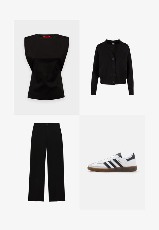 Czarny dzianinowy kardigan z dekoltem w serek, pięcioma guzikami z przodu, ściągaczem u dołu i przy mankietach oraz skróconym fasonem. Miękka faktura w swobodnym stylu.; Czarny bezrękawnik z konstrukcją ramion, gładką fakturą, okrągłym dekoltem i subtelnym drapowaniem w pasie.; Czarne, wysokie na talii spodnie o szerokich nogawkach, wykonane z gładkiego materiału, z płaskim przodem, zapięciem na guzik i bez widocznych kieszeni.; Białe skórzane sneakersy z czarnymi zamszowymi akcentami, trzema czarnymi paskami, beżową gumową podeszwą i złotym logo "SPEZIAL" na boku.