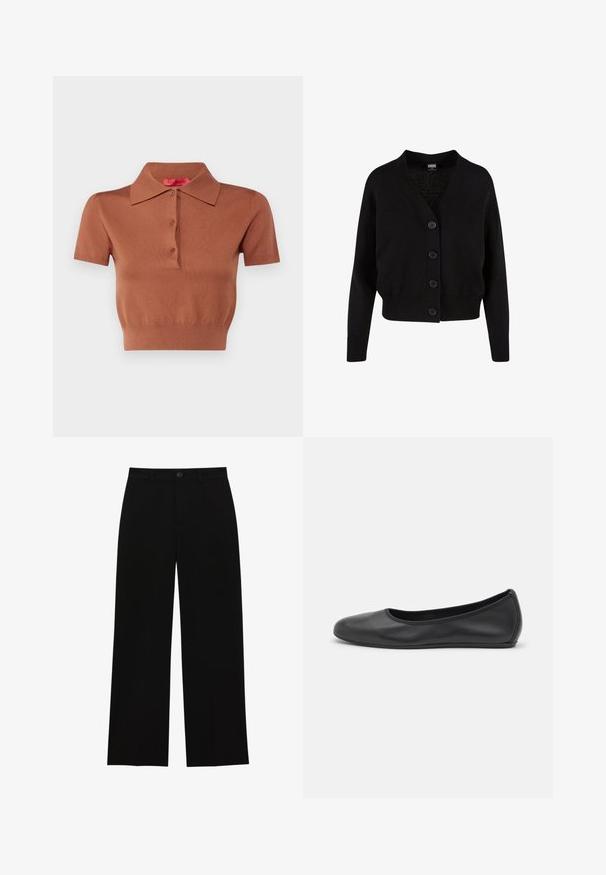 Czarny dzianinowy kardigan z dekoltem w serek, pięcioma guzikami z przodu, ściągaczem u dołu i przy mankietach oraz skróconym fasonem. Miękka faktura w swobodnym stylu.; Koszulka polo z krótkim rękawem w kolorze brązowym, wykonana z miękkiego materiału dzianinowego. Posiada klasyczny kołnierzyk, trzy guziki oraz dopasowane wykończenie u dołu.; Czarne, wysokie na talii spodnie o szerokich nogawkach, wykonane z gładkiego materiału, z płaskim przodem, zapięciem na guzik i bez widocznych kieszeni.; Czarne skórzane baletki z zaokrąglonym noskiem, gładką fakturą, minimalnymi przeszyciami i elastycznym designem podeszwy.