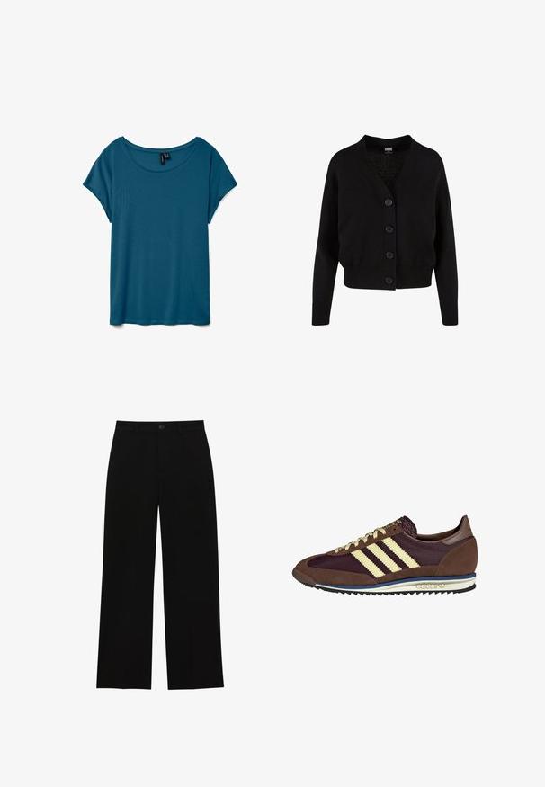 Fekete kötött kardigán V-nyakkal, öt elülső gombbal, bordázott aljjal és mandzsettával, valamint rövidített fazonnal. Puhább textúrával, laza stílussal.; Teal színű, rövid ujjú póló, kerek nyakkivágással, puha anyagból készült, laza szabású és sima textúrájú.; Fekete, magasan ülepelt, bő szárú nadrág sima anyagból, lapos elejű, gombos záródással, látható zsebek nélkül.; Barna és bordó sneaker velúr és hálós anyagból, három krémcsíkkal, texturált anyaggal a nyelvén és gumitalppal.