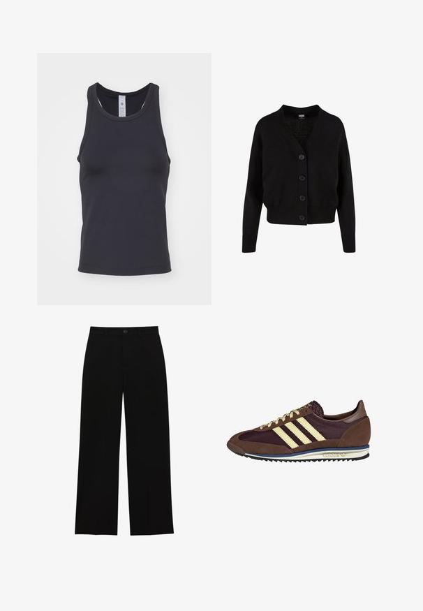 Zwarte gebreide cardigan met een V-hals, vijf knopen aan de voorkant, geribde zoom en manchetten, en een kort ontwerp. Zachte textuur met een casual stijl.; Zwarte tanktop gemaakt van zachte, rekbare stof. Heeft een ronde halslijn en brede schouderbanden, ontworpen voor een strakke pasvorm.; Zwarte, hoge taille, wijde broek gemaakt van een gladde stof, met een flatte voorkant, knoopsluiting en geen zichtbare zakken.; Bruine en bordeauxkleurige sneaker van suede en mesh materiaal, met drie crèmekleurige strepen, een gemêleerd stof op de tong en een rubberen zool.