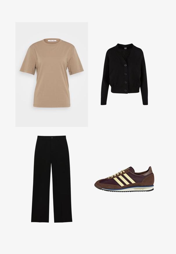 Zwarte gebreide cardigan met een V-hals, vijf knopen aan de voorkant, geribde zoom en manchetten, en een kort ontwerp. Zachte textuur met een casual stijl.; Bruine katoenen T-shirt met korte mouwen, ronde hals en subtiele reliëftekst op de voorkant. Gladde textuur en losse pasvorm.; Zwarte, hoge taille, wijde broek gemaakt van een gladde stof, met een flatte voorkant, knoopsluiting en geen zichtbare zakken.; Bruine en bordeauxkleurige sneaker van suede en mesh materiaal, met drie crèmekleurige strepen, een gemêleerd stof op de tong en een rubberen zool.