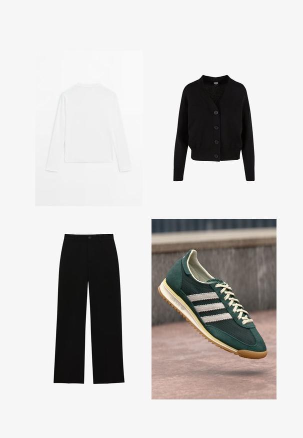 Zwarte gebreide cardigan met een V-hals, vijf knopen aan de voorkant, geribde zoom en manchetten, en een kort ontwerp. Zachte textuur met een casual stijl.; Effen witte langslopende shirt met lange mouwen, ronde hals, van achteren weergegeven, plat gelegd op een witte achtergrond.; Zwarte, hoge taille, wijde broek gemaakt van een gladde stof, met een flatte voorkant, knoopsluiting en geen zichtbare zakken.; Groene suède sneakers met gaaspanelen, drie witte strepen, crèmekleurige veters en een gumrubberen zool, met een ronde neus en een laag profiel ontwerp.