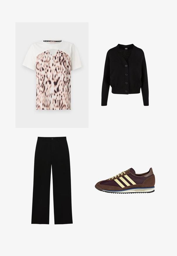 Musta neulecardigan, jossa on V-pääntie, viisi etupainiketta, ribbaushelma ja -hihansuut sekä lyhyt malli. Pehmeä rakenne ja rento tyyli.; Paita lyhyillä hihoilla, valkoinen yläosa ja leopardikuosiset alaosat beige- ja mustasävyissä, jossa on leikattu kaula-aukko.; Mustat, korkeavyötäröiset, leveälahkeiset housut, jotka on valmistettu sileästä kankaasta. Housuissa on litteä etuosa, nappisuljenta ja ei näkyviä taskuja.; Ruskea ja burgundin värinen lenkkari, jossa on yksityiskohtina mokkaa ja verkkomateriaalia, kolmea kermaista raitaa, tekstuuripinta kielekkeessä ja kumipohja.