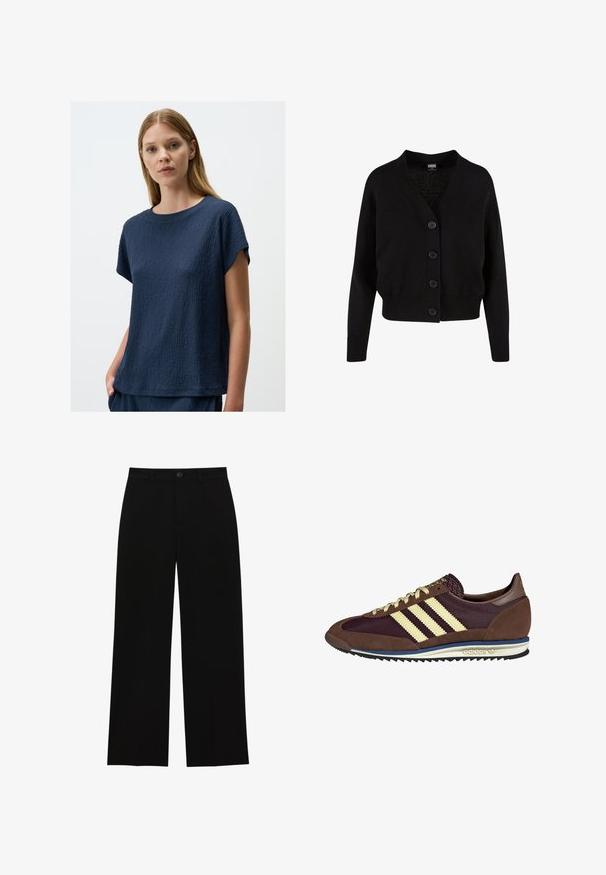 Czarny dzianinowy kardigan z dekoltem w serek, pięcioma guzikami z przodu, ściągaczem u dołu i przy mankietach oraz skróconym fasonem. Miękka faktura w swobodnym stylu.; Granatowa, teksturowana bluzka z krótkim rękawem i okrągłym dekoltem, o nieco luźnym fasonie oraz delikatnym, wypukłym wzorze na całej powierzchni materiału.; Czarne, wysokie na talii spodnie o szerokich nogawkach, wykonane z gładkiego materiału, z płaskim przodem, zapięciem na guzik i bez widocznych kieszeni.; Brązowe i burgundowe sneakersy wykonane z zamszu i siateczkowych materiałów, z trzema kremowymi paskami, teksturowanym materiałem na języku i gumową podeszwą.