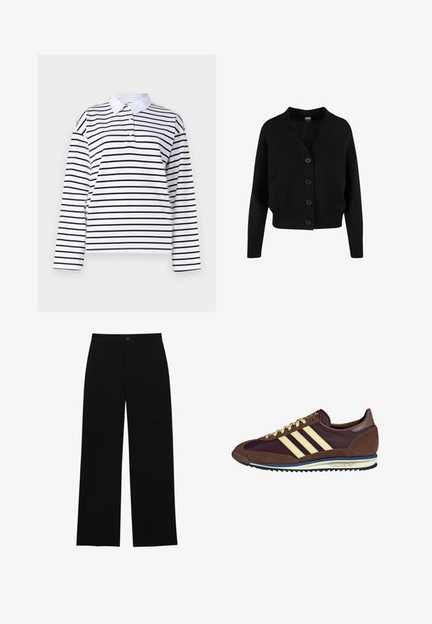 Črna pletena jopica z V-izrezom, petimi sprednjimi gumbi, rebrastim robom in manšetami ter skrajšanim dizajnom. Mehka tekstura s sproščenim slogom.; Bela polo majica z dolgimi rokavi, ki ima horizontalne črne črte, klasični ovratnik in zapenjanje na dva gumba. Gladek bombažen material.; Črne hlače z visokim pasom in širokimi nogavicami, izdelane iz gladkega materiala, z ravnim sprednjim delom, zapiranjem na gumb in brez vidnih žepov.; Rjavi in rdeče-burgundske teniske iz usnja in mrežastega materiala, ki imajo tri smetane stripe, teksturirano blago na jeziku in gumijast podplat.