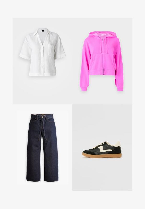 Rózsaszín, rövidített kapucnis pulóver puha anyagból, elülső cipzárral, két elülső zsebbel, húzózsinóros kapucnival és bordás mandzsettával.; Gina Tricot GAUZE SHORT SLEEVE - Gombos blúz - white; Széles lábú, sötétkék farmernadrág magas derékkal, húzózsinórral, öt zsebbel és kontrasztos varrással.; Fekete velúr és bőr sneaker, krém színű oldalsó swoosh-sal és világos krém színű sarokkal. Beigézett fűzőkkel és gumi talppal rendelkezik.