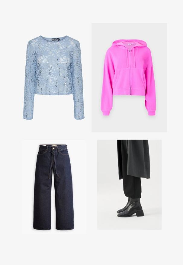 Pink cropped hoodie made from soft fabric with a front zipper, two front pockets, drawstring hood, and ribbed cuffs.; Light blue lace top with long sleeves, featuring sequin accents and a rounded neckline. Cut in a cropped silhouette for a fitted look.; Wide-leg dark blue denim jeans with a high waist, featuring a drawstring tie, five pockets, and contrasting stitching details.; Black leather ankle boots with a square toe and chunky heel, worn with loose black trousers and a dark gray coat. Smooth surface texture.