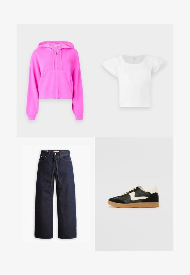 Sweatshirt cropped rosa feito de um tecido suave, com um fecho frontal, dois bolsos frontais, capuz com cordão e punhos canelados.; Top cropped de manga curta branco com ombros bufantes e decote redondo, feito de tecido canelado, da GAP, tamanho médio.; Calças de ganga de perna larga, em azul escuro, com uma cintura alta, apresentando um cordão, cinco bolsos e detalhes de costura em contraste.; Sapatilha em camurça e couro pretos com um swoosh lateral em creme e um calcanhar em creme claro. Apresenta atacadores bege e uma sola de borracha tipo gum.