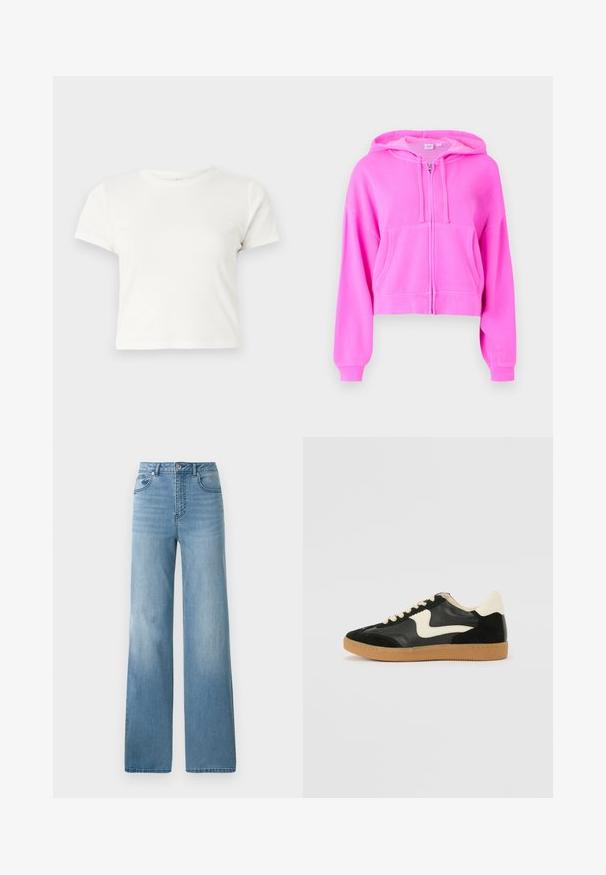 Pink cropped hoodie made from soft fabric with a front zipper, two front pockets, drawstring hood, and ribbed cuffs.; Short white t-shirt made of cotton with short sleeves, a round neckline, and a straight hem, featuring a smooth texture and minimal design.; Light blue high-waisted jeans with a straight-leg design. Crafted from denim, featuring five pockets and a button-fly closure.; Black suede and leather sneaker with a cream side swoosh and light cream heel. Features beige laces and a gum rubber outsole.