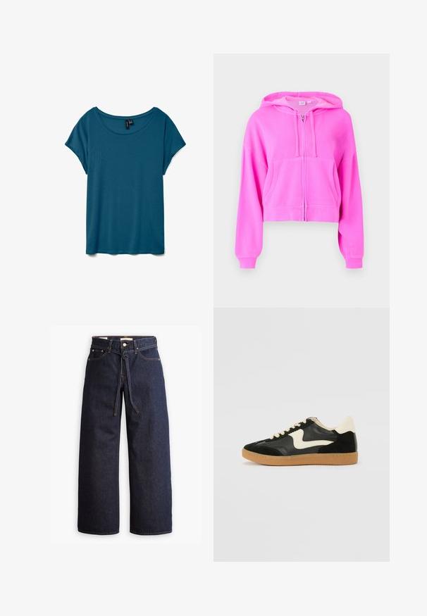 Pink cropped hoodie made from soft fabric with a front zipper, two front pockets, drawstring hood, and ribbed cuffs.; Teal short-sleeve t-shirt with a round neckline, made from soft fabric, featuring a relaxed fit and a smooth texture.; Wide-leg dark blue denim jeans with a high waist, featuring a drawstring tie, five pockets, and contrasting stitching details.; Black suede and leather sneaker with a cream side swoosh and light cream heel. Features beige laces and a gum rubber outsole.