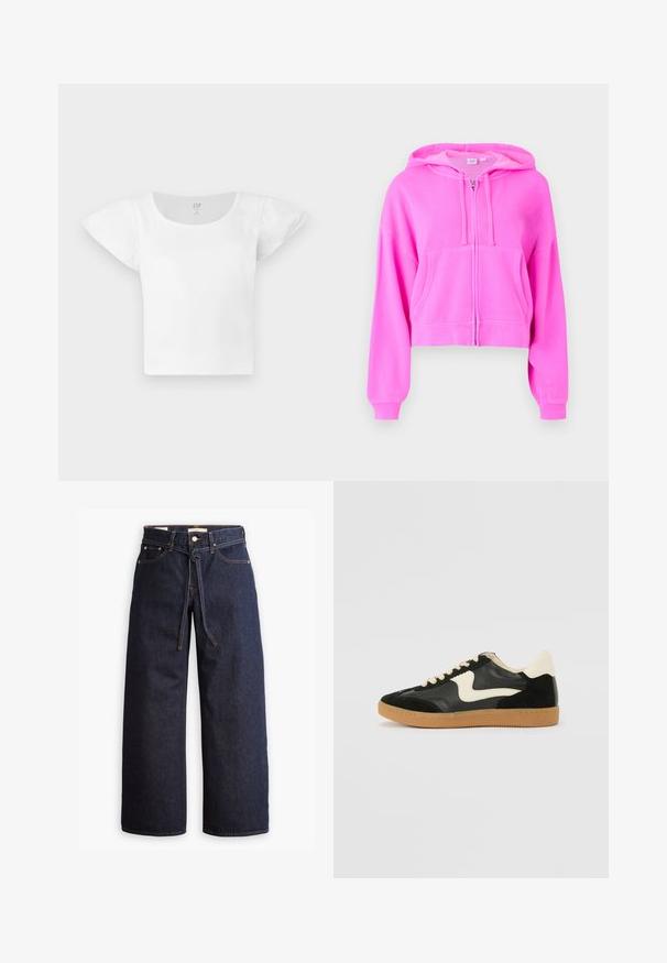 Pink cropped hoodie made from soft fabric with a front zipper, two front pockets, drawstring hood, and ribbed cuffs.; White short-sleeve cropped top with puffed shoulders and round neckline, made of ribbed fabric, from GAP in size medium.; Wide-leg dark blue denim jeans with a high waist, featuring a drawstring tie, five pockets, and contrasting stitching details.; Black suede and leather sneaker with a cream side swoosh and light cream heel. Features beige laces and a gum rubber outsole.