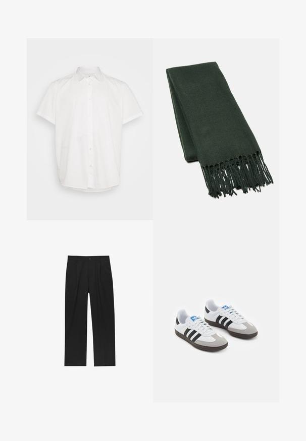 Beige ribbad kofta med sjalkrage, fem mörka knappar, två sidfickor och textilerad tyg.; Vit kortärmad skjorta i bomull, med klassisk krage och knäppt framtill med rak nederkant. Slät textur, utan mönster.; Svarta byxor med rak ben-design, tillverkade av ett jämnt tyg. Har framfickor och en enkel knapplåsning i midjan.; Sportskor med överdel i vit läder, grå mocka på tårna och tre svarta ränder. Har en blå logotyp på tungan och en texturerad gummisula.; Mörkgrön halsduk i mjukt tyg, med en ren design och fransade kanter för extra textur.