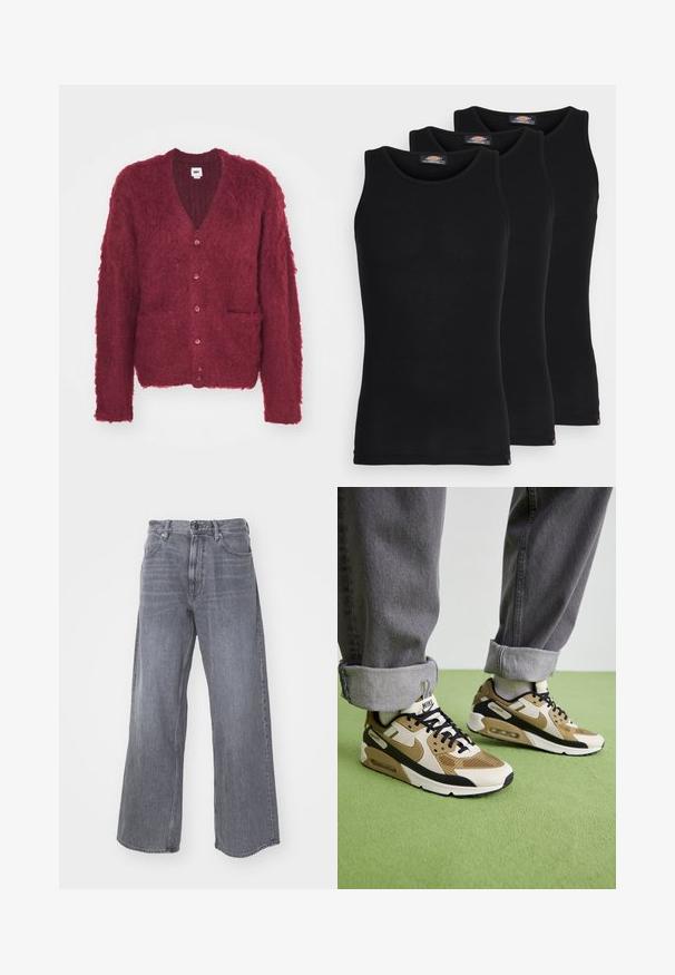 Obey Clothing PATRON CARDIGAN - Kardigán - zinfandel; Čierne tielka v balení po troch kusoch. Ríflový povrch, klasický okrúhly výstrih, bez rukávov. Lem obsahuje malé logo značky na spodnej strane.; G-STAR TYPE - Džínsy široké - worn in rock; Nike Air Max 90 tenisky v béžovej a čiernej farbe, vyrobené z oka a kože, s viditeľným tlmením a čiernymi šnúrkami.