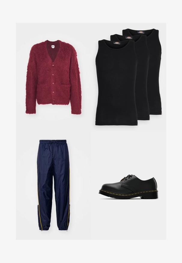 Obey Clothing PATRON CARDIGAN - Kardigán - zinfandel; Čierne tielka v balení po troch kusoch. Ríflový povrch, klasický okrúhly výstrih, bez rukávov. Lem obsahuje malé logo značky na spodnej strane.; Tmavomodré, ľahké teplákové nohavice s elastickým pásom a šnúrkou. Obsahujú žlté bočné pruhy a zipsy na dolných otvoroch nohavíc.; Čierne kožené topánky so zaoblenou špičkou, šnurovací dizajn, žlté prešívanie pozdĺž podrážky a robustná čierna gumová podrážka pre lepšiu priľnavosť.