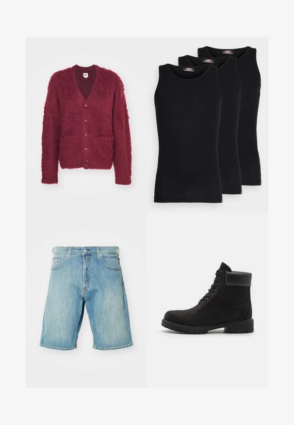 Obey Clothing PATRON CARDIGAN - Cardigan - zinfandel; Sorte tanktopper i en pakke med tre. Ribbet tekstur, standard rund hals, uten ermer. Sømmen har en liten merkevarelogo nederst.; Lyse blå denimshorts med fem lommer, rett snitt og lett slitt hem. Har knappelukk og beltestropper.; Sorte snøresko til ankelen med polstret krage og solid såle, vist i profil mot en hvit bakgrunn.
