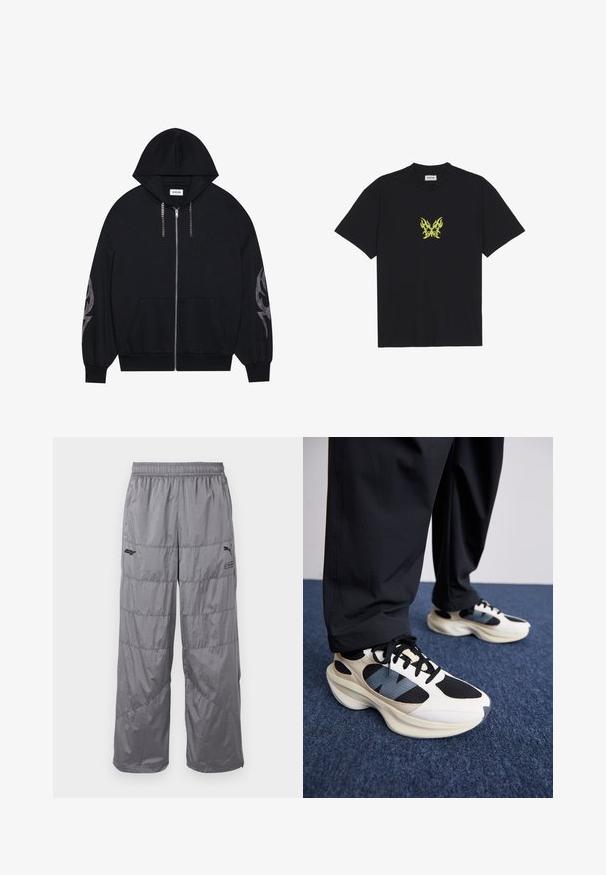 Black zip-up hoodie with a hood, front pockets, and long tapered sleeves. Features a shiny pattern on the left sleeve and chain-style zipper.; Black cotton t-shirt featuring a small, yellow flame-patterned butterfly graphic on the chest. Crew neckline, short sleeves.; Gray puffer pants with an elastic waistband, featuring quilted design lines and a small black logo on the left thigh. Lightweight material.; White and black sneakers with textured overlays and a blue accent, featuring a chunky sole and black laces, paired with black pants.