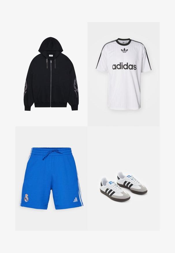Schwarze Zip-up-Hoodie mit Kapuze, vorderen Taschen und langen, schmal zulaufenden Ärmeln. Mit einem glänzenden Muster am linken Ärmel und einem Reißverschluss im Kettenstil.; Weißes Adidas-T-Shirt mit schwarzen Akzenten, runder Ausschnitt und großem schwarzen Logo auf der Vorderseite. Kurze Ärmel mit schwarzen Streifen. Strukturierter Stoff.; adidas Performance REAL MADRID DNAWAY SHORTS - Vereinsmannschaften - collegiate royal; Sportschuhe mit einem Obermaterial aus weißem Leder, grauer Wildleder-Zehenkappe und drei schwarzen Streifen. Sie verfügen über ein blaues Logo auf der Zunge und eine strukturierte Gummisohle.