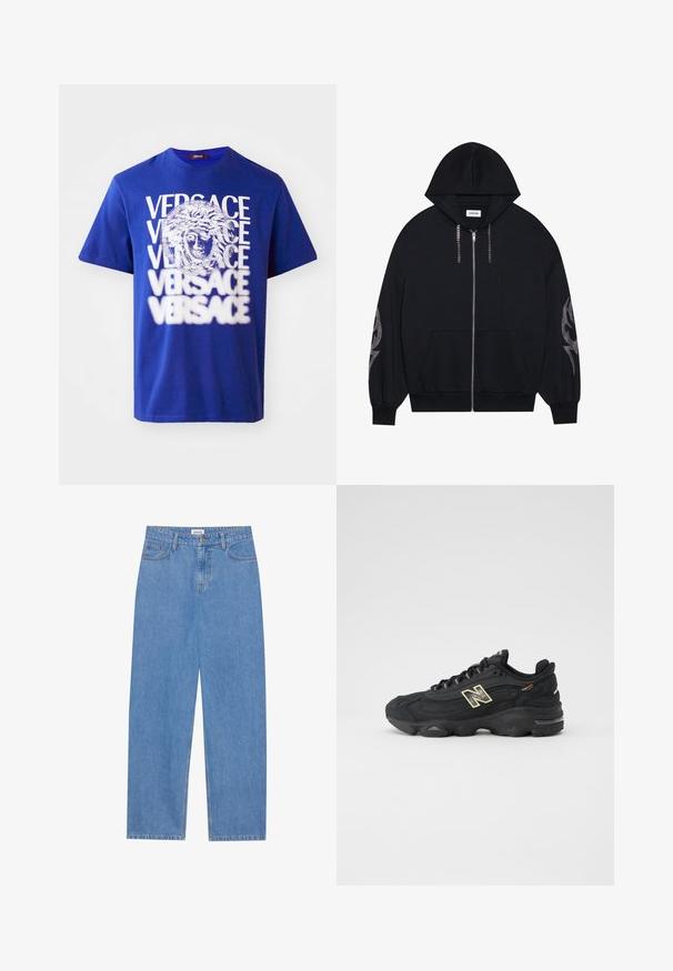 Sweatshirt preto com fecho de correr, capuz, bolsos frontais e mangas longas em forma de cone. Apresenta um padrão brilhante na manga esquerda e um fecho de correr em estilo corrente.; T-shirt de algodão azul com uma grande gravação branca de Medusa e o texto "VERSACE" repetido. Design clássico de decote redondo com mangas curtas.; Jeans de denim azul claro com corte reto, design de cinco bolsos, fecho com um único botão e detalhes de costura subtil nas costuras.; Sapatilha preta com parte superior texturizada, sistema de atacadores proeminente e sola de borracha. Apresenta um logótipo em contraste e acabamentos laterais.