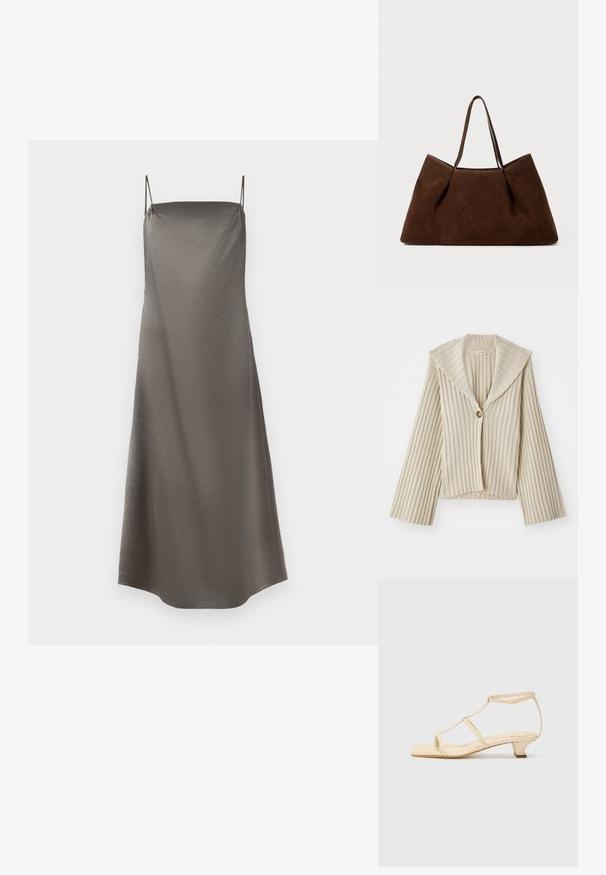 Beige, räfflad kort jacka med en bred kavajkrage och en enkel knappstängning. Har långa ärmar och textilstruktur.; Satin glidsklänning i en dämpad grå nyans, med tunna spaghetti-remmar, en avslappnad passform och en diskret texturerad yta.; Beige hälldojjor med T-remdesign, fyrkantig tå, justerbar ankle strap och en låg, blockklack. Slät lädermaterial.; Brun mockaläder tote bag med två axelremmar, en rymlig rektangulär form och minimalistisk design. Mjuk textur med en slät ytfinish.