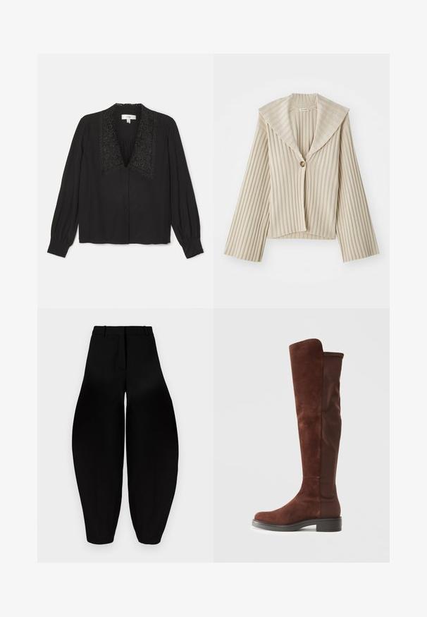 Bež pletena skrajšana jakna z širokim izrezom in enojnim gumbom. Ima dolge rokave in teksturirano tkanino.; Črna bluzica z dolgimi rokavi, ki ima okrasni vezeni ovratnik, sprednje zapiranje na gumb in nabran detajl na prsih. Gladka tekstura.; Črne hlače širokega kroja z visokim pasom, nagubanimi sprednjimi deli in zoženimi gležnji. Narejene iz gladkega materiala z mat površino.; Visoka rjava z vodoodpornim materialom in tkanino, z nizkim črnim peto in zaobljenim nosom, prikazana v bočnem pogledu na eni barvni beli podlagi.