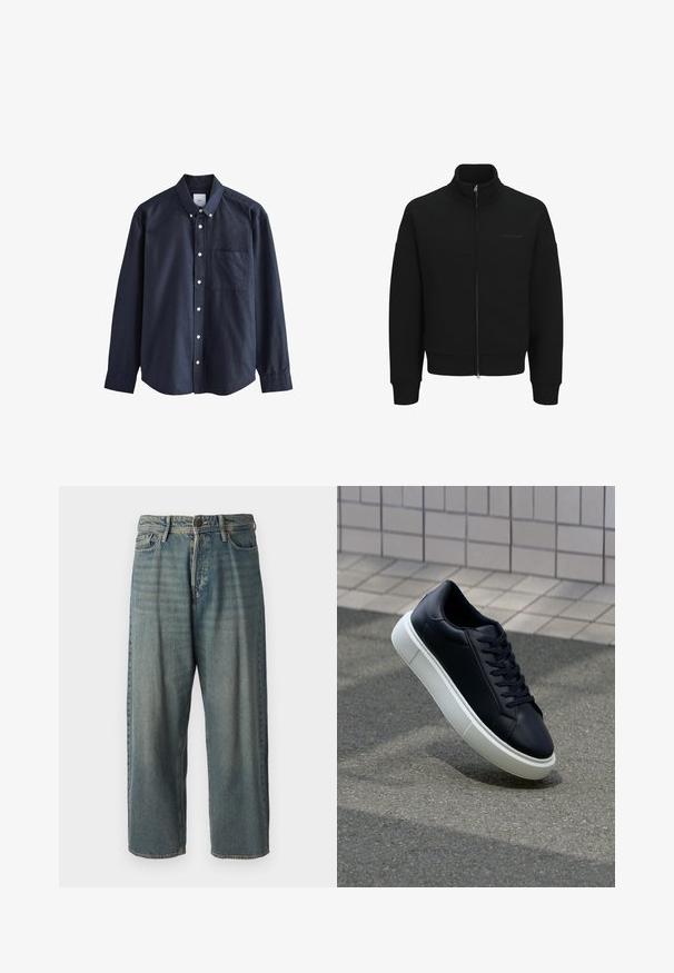Černá mikina na zip s vysokým límcem, ribbovanými manžetami a lemem. Obsahuje decentní branding a hladkou texturu.; Tmavě modrá košile na knoflíky vyrobená z bavlny, s špičatým límcem, dlouhými rukávy, náprsní kapsou a bílými knoflíky.; Světle modré denimové džíny s volným střihem, středně vysokým pasem a rovnými nohavicemi. Obsahují pět kapes, poutka na opasek a zapínání na knoflík.; Černé kožené tenisky s kulatou špičkou a bílou gumovou podrážkou. mají ploché tkaničky a minimální šití na svršku. Texturovaná podrážka pro lepší přilnavost.
