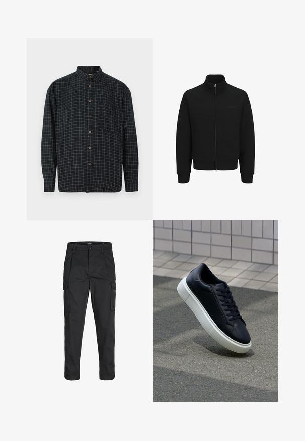 Čierna mikina na zips s vysokým golierom, rebrovanými manžetami a lemom. Obsahuje nenápadné logo a hladkú textúru.; Čierna košeľa s dlhým rukávom a gombíkmi, s bielym mriežkovým vzorom, prednou vreckom a hnedými gombíkmi na bielom pozadí.; Čierne cargo nohavice z odolnej látky, s viacerými vreckami, gombíkovým zapínaním a úzkym strihom so zúženými nohavicami.; Čierne kožené tenisky s okrúhlou špičkou a bielou gumovou podrážkou. Majú ploché šnúrky a minimálne šitie na vrchu. Textúrovaná podrážka pre lepšiu priľnavosť.