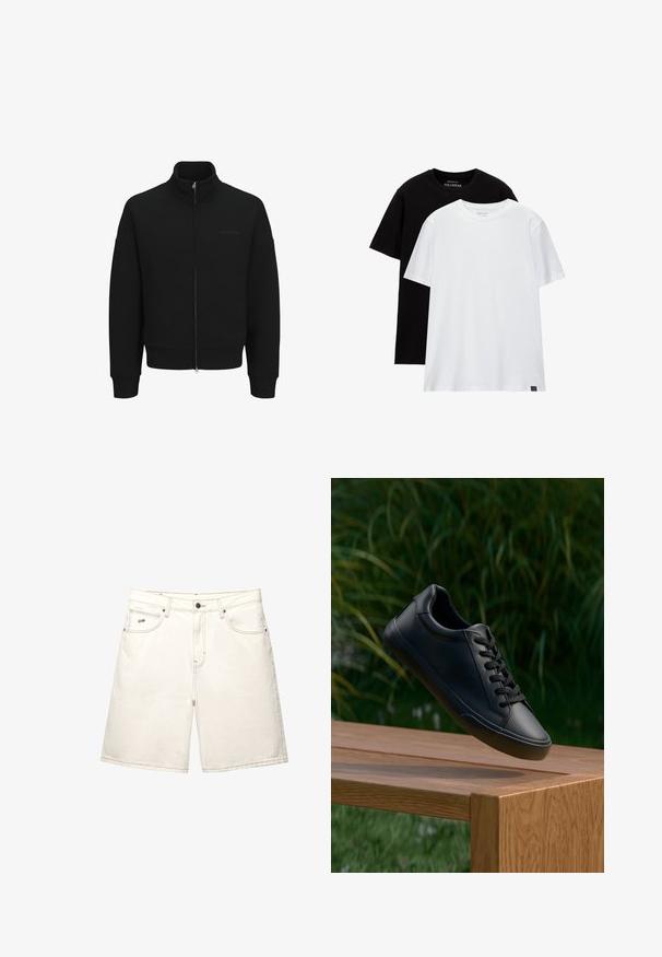 Felpa nera con zip, colletto alto, polsini e orlo a costine. Presenta un logo discreto e una texture liscia.; Due magliette a taglio regolare, una nera e una bianca, realizzate in cotone. Ognuna ha un collo tondo e maniche corte. Design semplice, senza motivi.; Shorts in denim bianco con taglio dritto, cinque tasche e cuciture a vista. Presentano una chiusura con bottone frontale e un piccolo logo del brand sul lato.; Sneaker in pelle nera con texture liscia, punta rotonda e lacci piatti, posizionato sopra una superficie di legno con erba verde sullo sfondo.