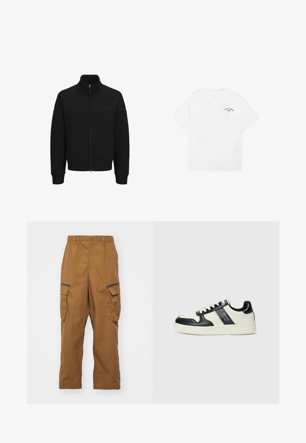 Schwarze Zip-Up-Sweatjacke mit hohem Kragen, gerippten Bündchen und Saum. Verfügt über dezentes Branding und eine glatte Textur.; Weißes Baumwoll-T-Shirt mit kurzen Ärmeln, rundem Halsausschnitt und einem kleinen Grafik mit der Aufschrift „LA VILLE LUMIÈRE“ in Schwarz und Rot auf dem oberen Rücken.; Braune Cargo-Hosen mit entspannter Passform, elastischem Bund, zwei Seitentaschen und schwarzen Akzenten an den Taschen. Hergestellt aus strapazierfähigem, strukturiertem Stoff.; Leder-Sneaker in Schwarz- und Cremetönen, mit perforierten Akzenten, einem gepolsterten Kragen und einer strukturierten Laufsohle.