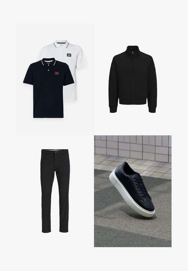 Sudadera negra con cremallera y cuello alto, puños y dobladillo acanalados. Presenta un diseño discreto de marca y una textura suave.; Dos camisetas polo en azul marino y blanco, con mangas cortas, un cuello clásico y detalles de rayas en contraste en el cuello.; Pantalones de mezcla de algodón negros con corte ajustado, que presentan un cierre de botón, bolsillos y puños enrollados para un acabado casual.; Zapatilla de cuero negro con punta redonda y suela de goma blanca. Presenta cordones planos y un mínimo de costuras en la parte superior. Suela texturizada para proporcionar agarre.