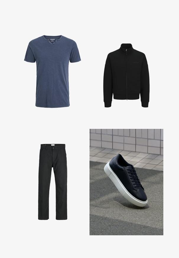 Sudadera negra con cremallera y cuello alto, puños y dobladillo acanalados. Presenta un diseño discreto de marca y una textura suave.; Camiseta de manga corta en color azul marino, confeccionada en tela suave, con un escote en forma de V y dos botones decorativos en un lado, además de un corte holgado.; Pantalones negros de tela duradera, con un diseño de pierna recta, detalles cosidos y dos bolsillos frontales para mayor funcionalidad.; Zapatilla de cuero negro con punta redonda y suela de goma blanca. Presenta cordones planos y un mínimo de costuras en la parte superior. Suela texturizada para proporcionar agarre.