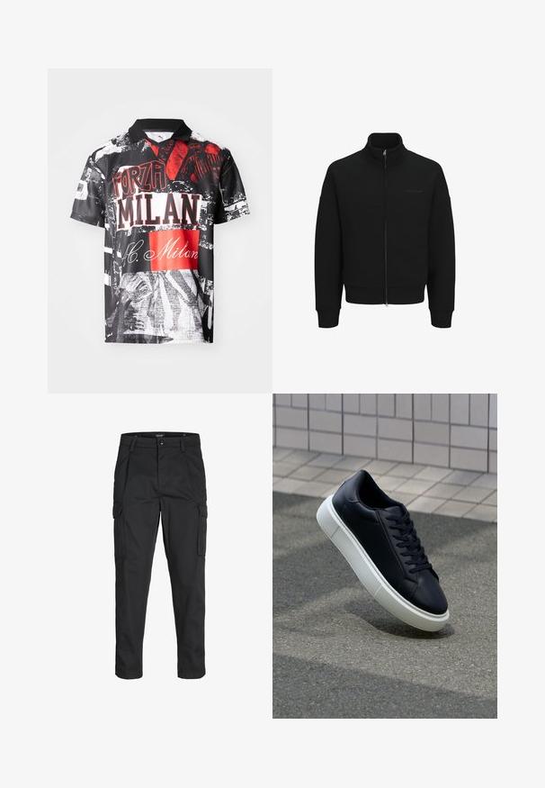 Schwarze Zip-Up-Sweatjacke mit hohem Kragen, gerippten Bündchen und Saum. Verfügt über dezentes Branding und eine glatte Textur.; Kurzarm-Polo-Shirt aus leichtem Material, mit schwarzem Grund und roten sowie weißen Grafikdrucken, Texten und unterschiedlichen Texturen.; Schwarze Cargo-Hose aus robustem Material, mit mehreren Taschen, einem Knopfverschluss und einem Slim-Fit-Design mit schmal zulaufenden Beinen.; Schwarze Leder-Sneaker mit runder Zehenpartie und weißer Gummisohle. Verfügt über flache Schnürsenkel und minimale Nähte im Obermaterial. Strukturiertes Sohlenprofil für besseren Halt.