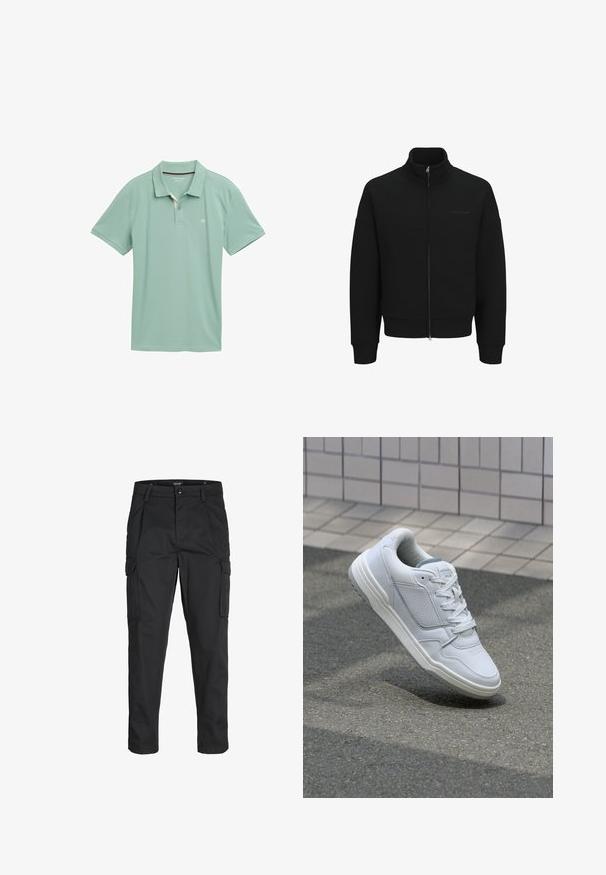 Melnā jaciņa ar rāvējslēdzēju un augstu apkakli, ribota aproces un apakša. Iezīmēta ar diskrētu zīmolu un gludu tekstūru.; Gaiši zaļa polo krekls no elpojoša auduma ar īsām piedurknēm. Iekļauj trīs pogu atvēršanu un neuzkrītošu logotipu krūtīs.; Melnas kravas bikses, izgatavotas no izturīga auduma, ar vairākiem kabatām, pogu aizdari un šaura piegriezuma dizainu ar sašaurinātiem kāju apakšiem.; Baltas ādas sporta apavi ar perforētiem sāniem, teksturētām akcentiem, plakanu šņorēšanu un kontrastējošu pelēku papēdi. Iezīmē nedaudz paaugstinātu zole.