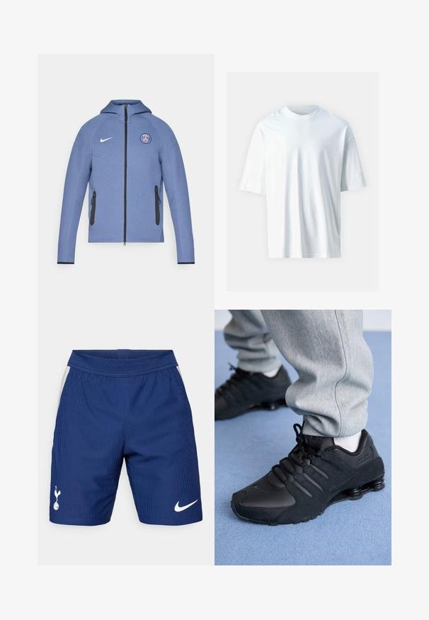 Blue zip-up jacket made of smooth fabric, featuring a hood, black zipper pockets, and a logo on the chest. Accented with white Nike branding.; White short-sleeve t-shirt made of soft cotton. Features a round neckline, relaxed fit, and smooth texture. No visible patterns or accents.; Blue sports shorts with vertical ribbed texture, elastic waistband, and white Nike logo on the right leg. Features side mesh panels.; Person wearing black Nike Shox sneakers and gray sweatpants standing on light blue carpet.