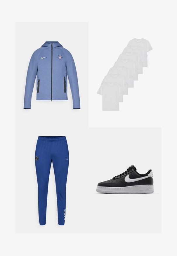 Blue zip-up jacket made of smooth fabric, featuring a hood, black zipper pockets, and a logo on the chest. Accented with white Nike branding.; White cotton T-shirts, short sleeves, crew neck design, plain texture, stacked in a row, with subtle branding at the neckline.; Blue athletic pants made of soft fabric, featuring a Paris logo patch and a Jumpman logo. Tapered design with elastic waistband.; Black leather sneaker with textured surface, white Nike swoosh, gray sole, round toe, and lace-up design. Features perforations on toe box.