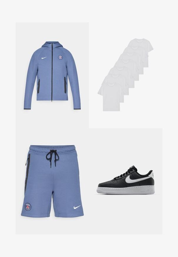 Jachetă albastră cu fermoar, confecționată dintr-un material neted, având glugă, buzunare cu fermoar negre și un logo pe piept. Accentuata cu brandingul alb Nike.; Tricouri din bumbac albe, cu mâneci scurte, design cu guler rotund, textură simplă, așezate într-un rând, cu o marcă subtilă la guler.; Boxeri atletici albaștri, confecționați dintr-un material moale, cu fermoare laterale negre, talie cu șnur și logo-ul Paris Saint-Germain pe partea stângă.; Sneaker din piele neagră, cu o suprafață texturată, swoosh alb de la Nike, talpă gri, bot rotund și sistem de șireturi. Prezintă perforații în zona vârfului.