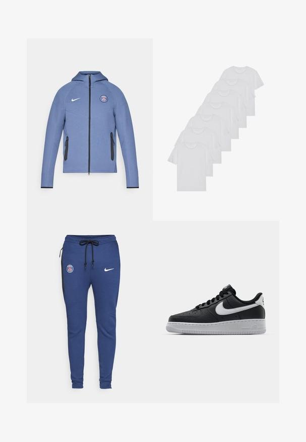 Blue zip-up jacket made of smooth fabric, featuring a hood, black zipper pockets, and a logo on the chest. Accented with white Nike branding.; White cotton T-shirts, short sleeves, crew neck design, plain texture, stacked in a row, with subtle branding at the neckline.; Blue athletic sweatpants with a drawstring waist, side zipper pockets, black accents, and logos: PSG emblem and Nike swoosh.; Black leather sneaker with textured surface, white Nike swoosh, gray sole, round toe, and lace-up design. Features perforations on toe box.