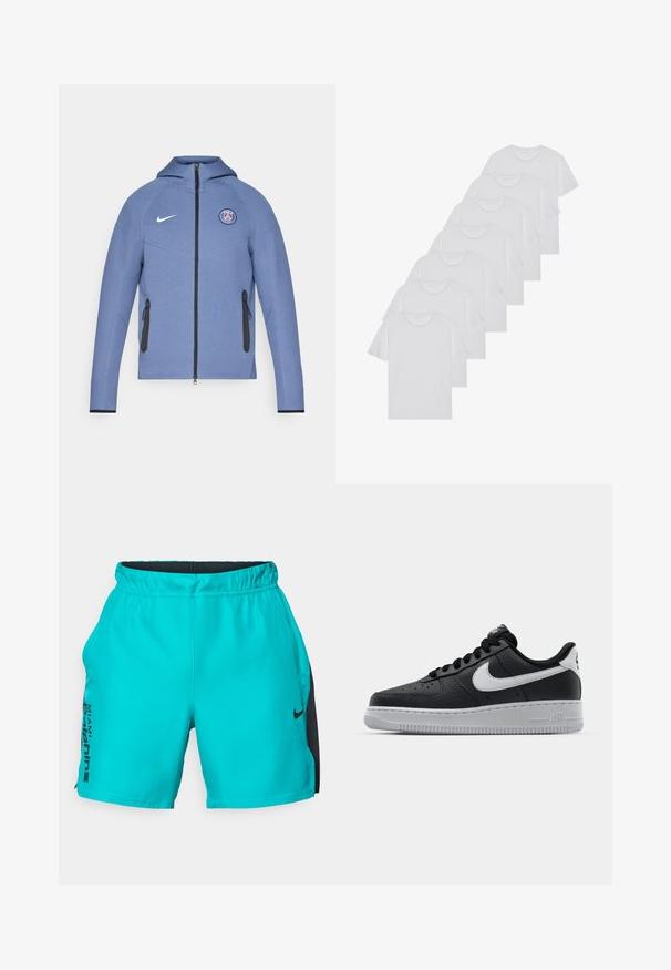 Casaco azul com fecho de correr, feito de tecido liso, com capuz, bolsos com fecho a preto e um logótipo no peito. Realçado com a marca branca da Nike.; T-shirts brancos de algodão, mangas curtas, design de gola redonda, com textura lisa, empilhados em fila, com uma marcação subtil na gola.; Calças de desporto turquesa feitas de um tecido suave, com um painel lateral preto, apresentando um logótipo e texto na perna esquerda. Cintura elástica para conforto.; Sapatilha de pele preta com superfície texturizada, swoosh branco da Nike, sola cinza, bico redondo e design com atacadores. Apresenta perfurações na caixa dos dedos.