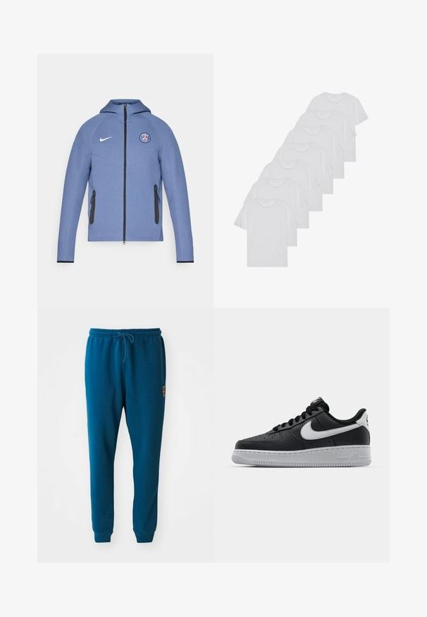 Blå zip-up jacka i slät tyg, med huva, svarta dragkedjefickor och en logotyp på bröstet. Utsmyckad med vit Nike-branding.; Vita bomull T-shirts, korta ärmar, rundad halsdesign, slät textur, staplade i en rad, med subtil branding vid halsringningen.; Teal sweatpants i mjukt tyg, med resårmidja och snörning, samt elastiska manschetter vid anklarna. Litet logotypdetalj.; Svart lädersneaker med strukturerad yta, vit Nike-swoosh, grå sula, rund tå och snörningsdesign. Har perforeringar på tåboxen.