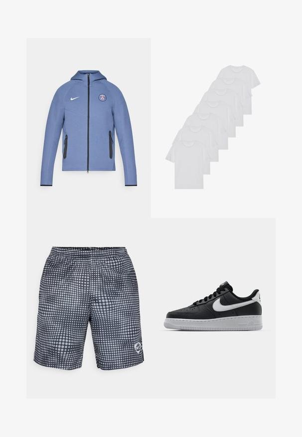 Sininen vetoketjullinen takki, joka on valmistettu sileästä kankaasta. Takissa on huppu, mustat vetoketjulliset taskut ja logo rinnassa. Korostettu valkoisella Nike-brändillä.; Valkoiset puuvillapaidat, lyhyet hihat, pyöreä kaula-aukko, yksinkertainen pinta, pinottuina riviin, jossa on hienoinen brändäys kaula-aukossa.; Mustat uimaportsarit, joissa on valkoisia pyöreitä pisteitä, joustava vyötärö ja logo oikeassa alareunassa. Kevyt kangas.; Musta nahkakengät, joissa on teksturoitu pinta, valkoinen Nike -logo, harmaa pohja, pyöreä kärki ja nauhakiinnitys. Varustettu rei'illä kärkilaatikossa.