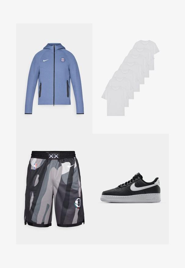 Sininen vetoketjullinen takki, joka on valmistettu sileästä kankaasta. Takissa on huppu, mustat vetoketjulliset taskut ja logo rinnassa. Korostettu valkoisella Nike-brändillä.; Valkoiset puuvillapaidat, lyhyet hihat, pyöreä kaula-aukko, yksinkertainen pinta, pinottuina riviin, jossa on hienoinen brändäys kaula-aukossa.; Harmaa ja musta kamouflagekuosiset koripallishortsit, joissa on Nike-logo, NBA-embleemi, joustava vyötärö ja halkiot helmoissa liikkumisen helpottamiseksi.; Musta nahkakengät, joissa on teksturoitu pinta, valkoinen Nike -logo, harmaa pohja, pyöreä kärki ja nauhakiinnitys. Varustettu rei'illä kärkilaatikossa.