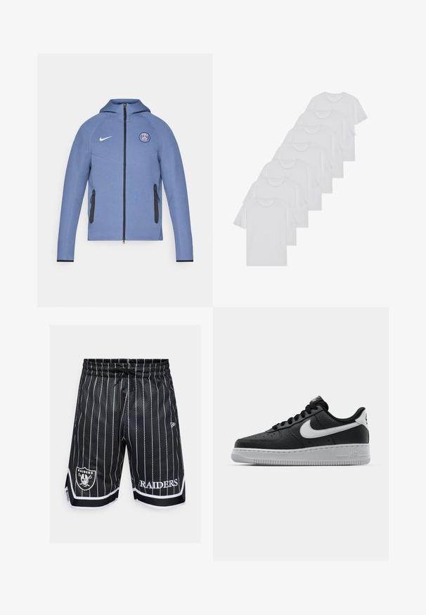 Casaco azul com fecho de correr, feito de tecido liso, com capuz, bolsos com fecho a preto e um logótipo no peito. Realçado com a marca branca da Nike.; T-shirts brancos de algodão, mangas curtas, design de gola redonda, com textura lisa, empilhados em fila, com uma marcação subtil na gola.; Calções de malha pretos com riscas brancas, apresentando uma cintura elástica, cordão de ajuste e um logótipo bordado com o texto "RAIDERS" na parte da frente.; Sapatilha de pele preta com superfície texturizada, swoosh branco da Nike, sola cinza, bico redondo e design com atacadores. Apresenta perfurações na caixa dos dedos.