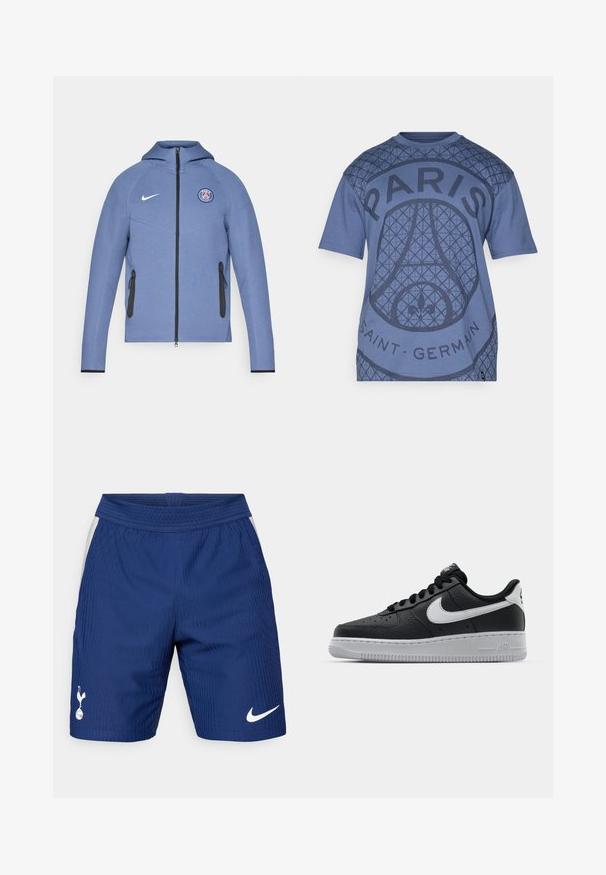 Blaue Zip-Jacke aus glattem Stoff, mit Kapuze, schwarzen Reißverschlusstaschen und einem Logo auf der Brust. Mit weißem Nike-Branding akzentuiert.; Hellblaues T-Shirt mit geometrischem Muster, großem "PARIS"-Schriftzug und "SAINT-GERMAIN"-Detail. Hergestellt aus weichem Stoff mit Rundhalsausschnitt.; Blaue Sportshorts mit vertikal gerippter Textur, elastischem Bund und weißem Nike-Logo am rechten Bein. Mit seitlichen Mesh-Einsätzen.; Schwarze Ledersneaker mit strukturierten Oberflächen, weißem Nike-Swoosh, grauer Sohle, runder Zehenpartie und Schnürdesign. Verfügt über Perforationen an der Zehenbox.