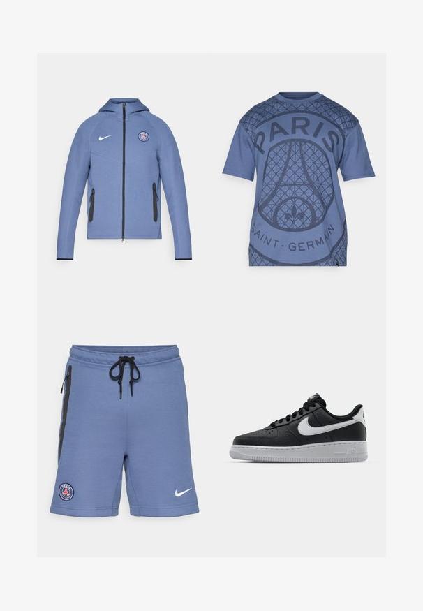 Blå lynlåsjakke lavet af glat stof, med hætte, sorte lynlås-lommer og et logo på brystet. Akcentueret med hvid Nike-branding.; Lyseblå T-shirt med et geometrisk mønster, stort "PARIS" tekst og "SAINT-GERMAIN" detalje. Lavet af blødt stof med rund hals.; Blå sportsshorts lavet af blødt stof, med sorte sidelommer, justerbar talje med snor og et Paris Saint-Germain-logo på venstre side.; Sort lædersneaker med tekstureret overflade, hvid Nike swoosh, grå sål, rund tå og snørebåndsdesign. Har perforeringer på tåboksen.