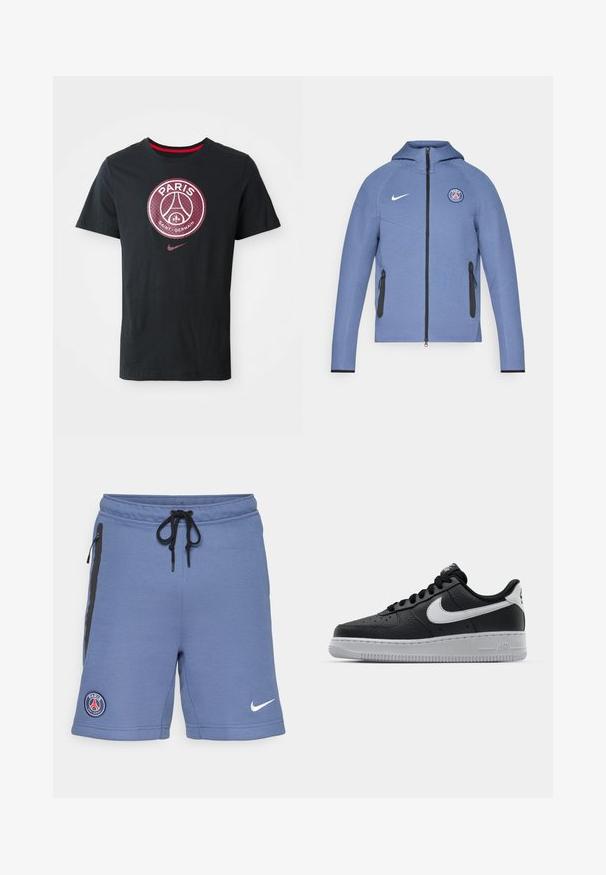 Chaqueta azul de cremallera, hecha de un tejido suave, con capucha, bolsillos con cremallera negros y un logo en el pecho. Acabada con detalles en blanco de la marca Nike.; Camiseta de algodón negra con un logo impreso en forma redonda que incluye el texto "PARÍS" y "SAINT GERMAIN", acentos rojos y un cuello redondo.; Pantalones cortos deportivos azules hechos de un tejido suave, con cremalleras laterales negras, un cinturón ajustable y un logo del Paris Saint-Germain en el lado izquierdo.; Zapatilla negra de cuero con superficie texturizada, logo de Nike en blanco, suela gris, puntera redonda y diseño de encaje. Presenta perforaciones en la puntera.