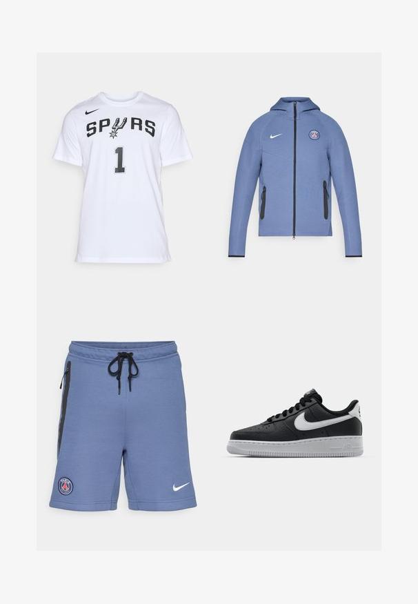 Zila ar zipu aizdare mētelis, izgatavots no gludas auduma, ar kapuci, melniem rāvējslēdzēja kabatām un logotipu uz krūtīm. Izceltas ar baltu Nike zīmolu.; Balts kokvilnas T-krekls ar melnu uzrakstu "SPURS" un numuru "1", ar logo akcentu kreisajā augšējā stūrī. Apaļa kakla izgriezuma, īsās piedurknes.; Zili zili sporta šorti, izgatavoti no mīkstas auduma, ar melniem sānu rāvējslēdzējiem, ar auklu vidukli un Parīzes Sanktgermenās logo kreisajā pusē.; Melna ādas sporta apavi ar teksturētu virsmu, balta Nike swoosh zīme, pelēks zole, apaļa pirksta daļa un saistējs dizains. Iekļautas perforācijas uz pirksta kastes.